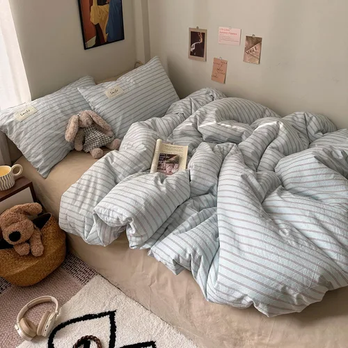 Miniatura 2 de AOJIM Blue & Brown Striped Duvet Cover Set Twin Size 100% Washed Cotton Stripe Bedding Set 3-Piece, Soft Zipper Comforter Cover and 2 Pillowcases