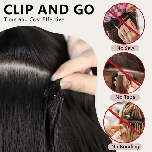 Miniatura 6 de ALXNAN Extensiones de cabello, 4 extensiones de cabello con clip, 20 pulgadas, marrón mezclado con rubio caramelo, largo, ondulado, natural, suave