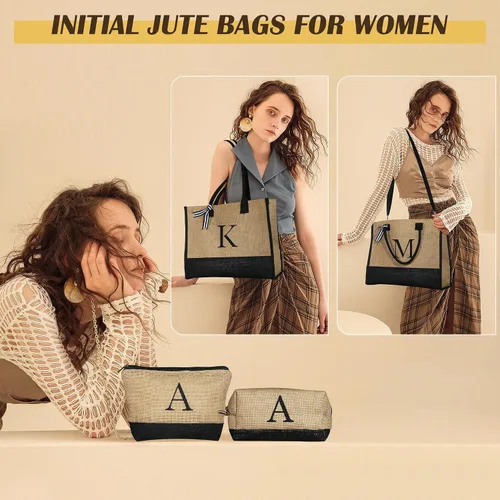 Miniatura 3 de YOOLIFE Regalos para mujeres, bolsa de yute con inicial y 2 bolsas de maquillaje, regalos personalizados para mujeres, profesores, mamá, amiga