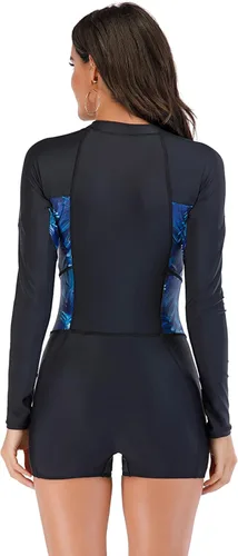 Miniatura 20 de ECUPPER Traje de baño de una pieza de manga larga para mujer, con cierre Boyleg, protector de erupción, cobertura de traje de baño de surf, traje