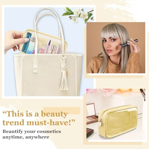 Miniatura 7 de izuzta Bolsa de maquillaje pequeña de nylon, linda bolsa preppy, bolsa con cremallera para cosméticos, Beige, Chico 2-Beige