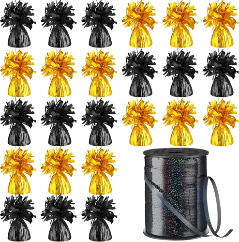 Miniatura 10 de Yunsailing 25 globos metálicos pesados con cinta iridiscente de 500 yardas, anclajes de soporte de globos de 5.3 onzas para globos de helio, Negro