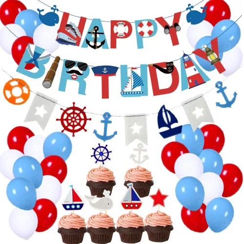 77 piezas de suministros náuticos para fiestas: pancarta náutica de feliz cumpleaños, banderines, 30 globos de látex (rojo, azul, blanco), 24