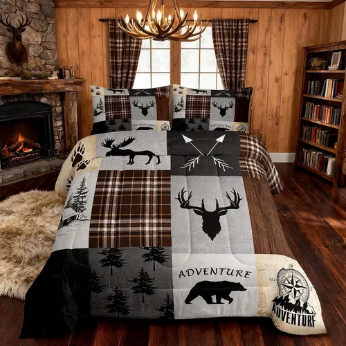 Miniatura 4 de Juego de edredón de cuernos de ciervo tamaño individual, juego de ropa de cama rústica de granja con huellas de oso y pinos para decoración