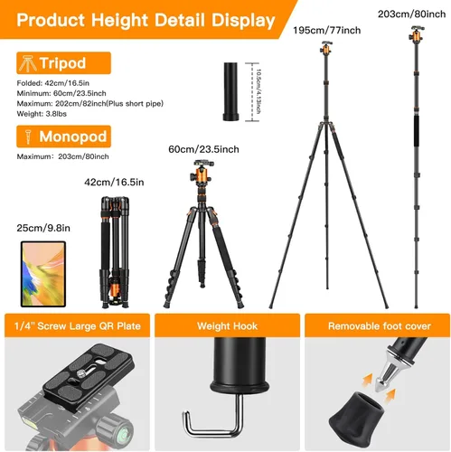 Miniatura 2 de Trípode para Cámara de 82" de Alto Uso Pesado, Trípode Monópode de Aluminio DSLR Victiv para Fotografía de Viaje, Soporte de Cámara Profesional