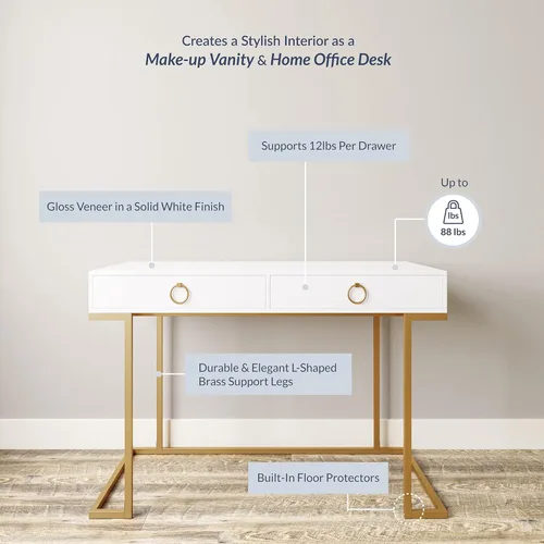 Miniatura 5 de BELLEZE Mesa de Tocador con 2 Cajones, Escritorio para Computadora de 45 Pulgadas, Mesa de Maquillaje Moderna, Mesa de Vestir, Escritorio para Blanco