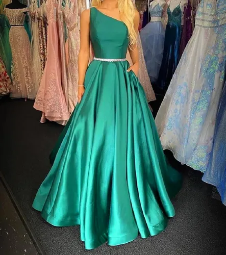 Miniatura 5 de Vestidos de satén de un hombro para niñas, vestido de princesa de una línea de flores con banda de abalorios