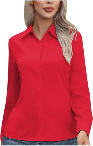 Miniatura 8 de Camisas de manga larga con botones para mujer, camisa básica de vestir para negocios, ajustada, clásica, cuello en V, blusa de trabajo con botones