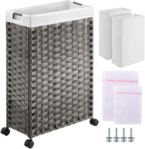 GREENSTELL - Cesta de ropa con ruedas, 45 l (11.9 galones), cesto pequeño de ratán para ropa con 2 bolsas extraíbles y 2 bolsas de malla, cesto de