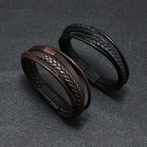 Miniatura 4 de Arcutina Pulsera trenzada marrón casual de cuero negro para hombre
