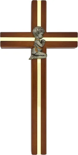 Cruz de pared con niño arrodillado | Juego de acento dorado en madera con peltre para niño o niña | Gran regalo católico para el bautismo |