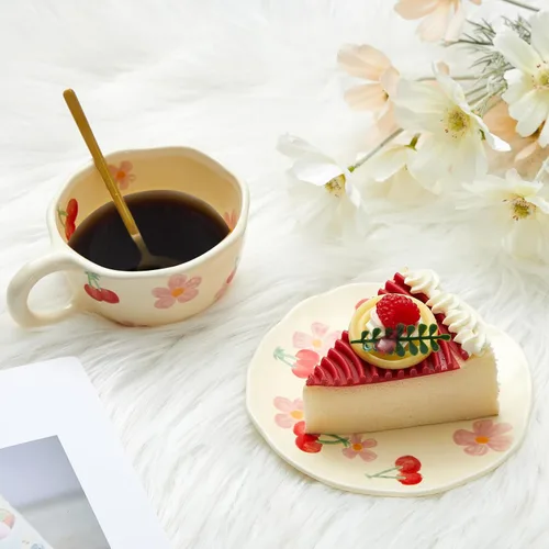 Miniatura 5 de Vesici 1 juego de tazas de café de cerámica con platillo y cuchara, bonitos regalos para el día de la madre para mamá, 8.5 onzas, taza de té floral