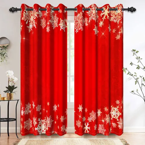 Miniatura 22 de Renaiss Cortinas opacas de Navidad con tablones de madera rústica para dormitorio, con ojales, estampado de copos de nieve navideños, cortinas