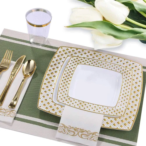 Miniatura 8 de FOCUSLINE Juego de vajilla dorada de 175 piezas para 25 invitados - Platos cuadrados de plástico con borde de diamante, incluye 25 platos Placas