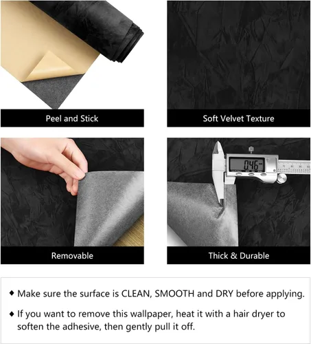 Miniatura 7 de LACHEERY Papel tapiz de terciopelo negro para despegar y pegar, papel tapiz autoadhesivo de terciopelo de tela negra, papel de pared para paredes