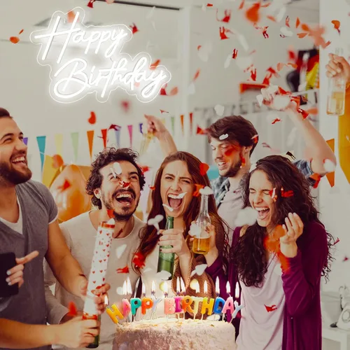 Miniatura 7 de Letrero de neón de feliz cumpleaños para decoración de pared, luz de neón LED blanca de 17×12 pulgadas, letrero de luz de neón de feliz cumpleaños