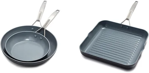GreenPan Paris Pro - Juego de sartenes antiadherentes de cerámica anodizada dura y saludable, de 8 y 10 pulgadas y sartén antiadherente de cerámica