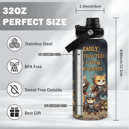 Miniatura 3 de Botella de agua Gamer Cats de 32 onzas, botella de agua aislada Side Quest Cats para mujeres, regalos de anime para mujeres, regalos de cumpleaños