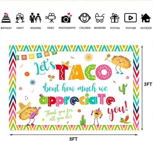 Miniatura 6 de Lofaris Fondo de 5 x 3 pies con texto en inglés "Thank You for All You Do Let's Taco Bout How Much We Apreciate You