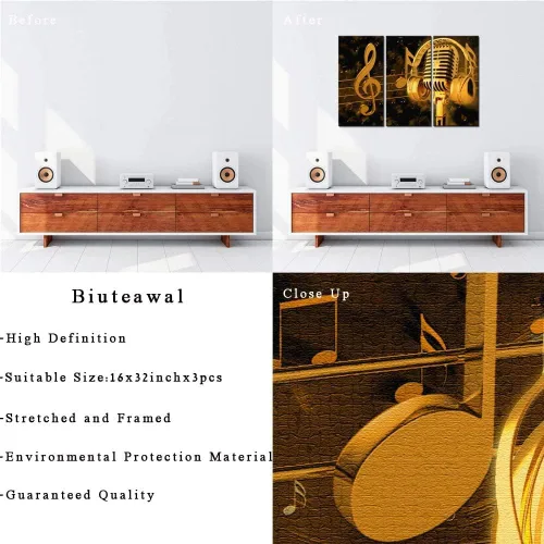 Miniatura 6 de Biuteawal - Pinturas artísticas musicales, arte de pared, micrófono de metal dorado y auriculares, nota de imagen, lienzo con impresión giclée