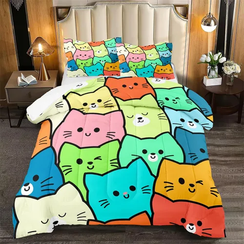 Miniatura 21 de Juego de ropa de cama de tamaño individual, edredón de gatos de dibujos animados para niñas, niños y adolescentes, juego de edredón azul