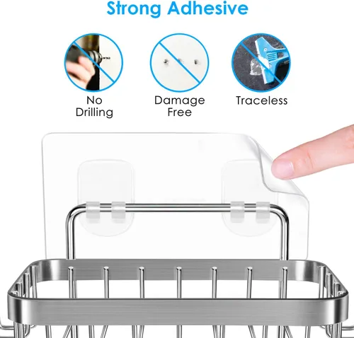 Miniatura 4 de ODesign Soporte para jabonera SUS304 de acero inoxidable con 6 ganchos, esponja de baño de lufa, soporte para maquinilla de afeitar para baño, Plata