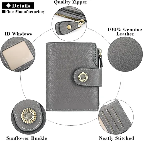 Miniatura 5 de FALAN MULE Cartera pequeña para mujer, de piel auténtica, plegable, compacta, pequeña, con bloqueo RFID, Gris oscuro, Casual