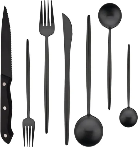 Miniatura 10 de Juego de cubiertos de 28 piezas con cuchillos para carne, cubiertos de acero inoxidable 18/8, juego de cubiertos modernos para 4 tenedores