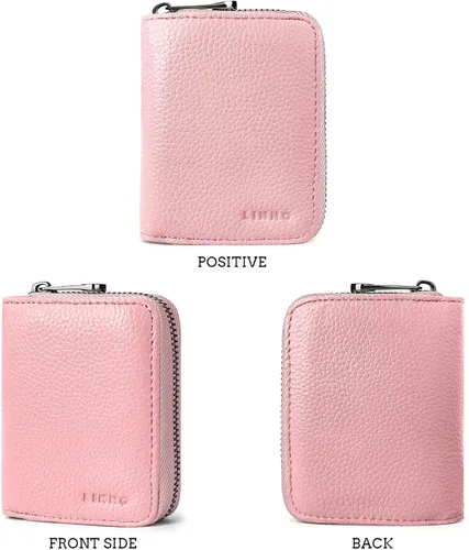 Miniatura 5 de Linno RFID 20 ranuras titular de la tarjeta de crédito de cuero genuino pequeña cartera para mujeres u hombres con cremallera