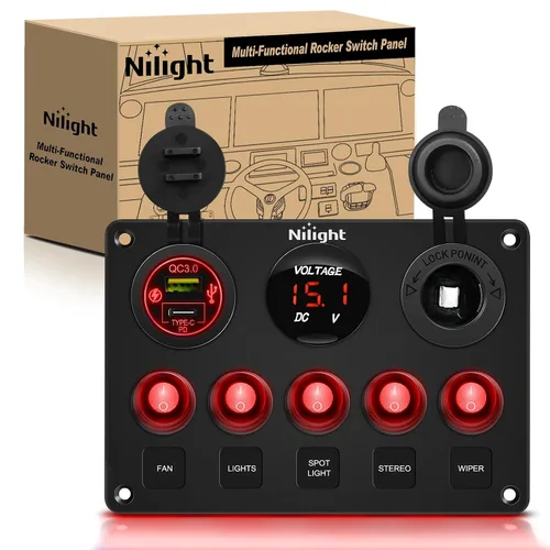 Miniatura 10 de Nilight 90101E Panel de Interruptores Basculantes Multifunción de 5 Posiciones con Cargador USB Dual + Voltímetro Digital + Toma de 12V Precableado
