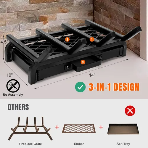 Miniatura 2 de Rejilla pequeña para chimenea de 14 pulgadas - Rejillas para troncos de estufa de leña con bandejas de brasas y cenizas, soporte de rejilla