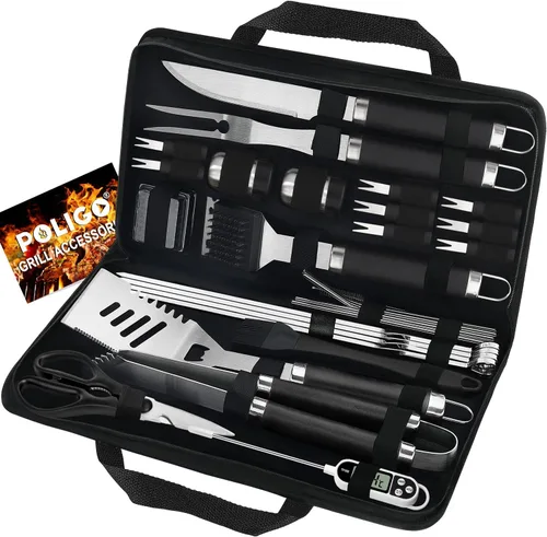 POLIGO Juego de 29 herramientas para parrilla de barbacoa de acero inoxidable con bolsa de almacenamiento para el día del padre, regalos de Negro