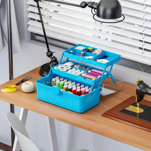 Miniatura 6 de Caja de plástico de 3 capas para manualidades y caja de herramientas para manualidades, caja de almacenamiento de plástico multiusos con asa