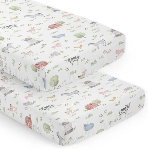 Miniatura 11 de Sweet Jojo Designs Sábana bajera ajustable de animales de granja para cuna portátil para cuna o paquete y juego - Acuarela de granja caballo, vaca