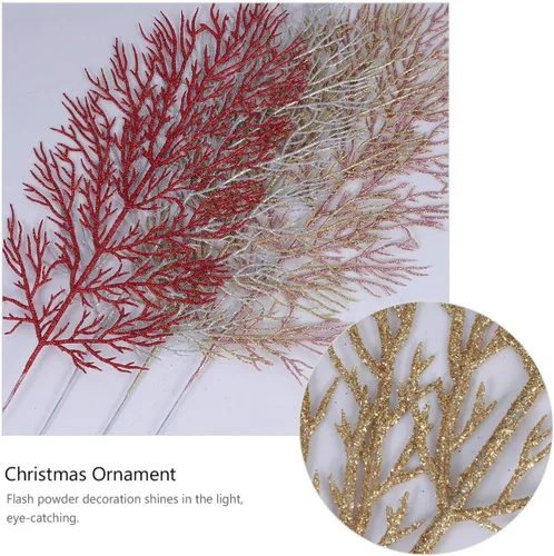 Miniatura 5 de Cabilock 12 piezas de hojas artificiales con purpurina de Navidad, hojas brillantes, adorno de hojas para árbol de Navidad, guirnalda de corona