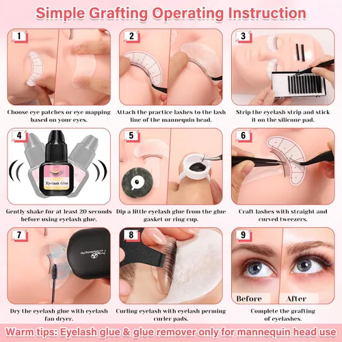 Miniatura 7 de Kit de pestañas para principiantes de extensión de pestañas Kit de extensión de pestañas con cabeza de maniquí de pestañas, Kit de inicio