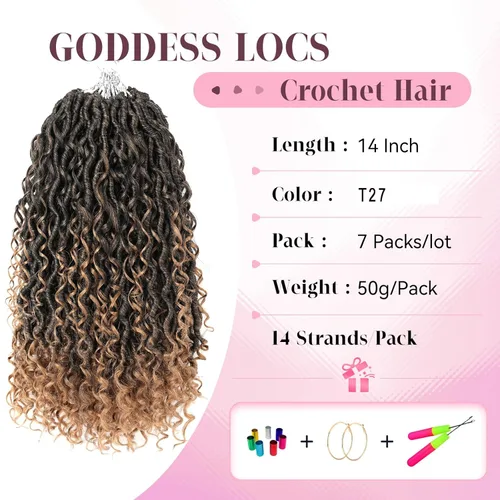 Locs de diosa de imitación de pelo de ganchillo boho, locs de río boho, hippie ondulado de ganchillo con cabello rizado en el medio y puntas T27.