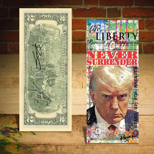 Donald Trump MAGA Famous Mugshot Pop Art Genuino Sin Circular Dos Dólares Edición Especial Coleccionable Firmado a mano por Rency