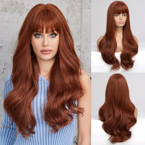 Miniatura 23 de HAIRCUBE Peluca Auburn con Flequillo Cabello Largo con Flequillo Cabello Rojo Apariencia Natural Resistente al Calor Peluca Sintética Juego Diario
