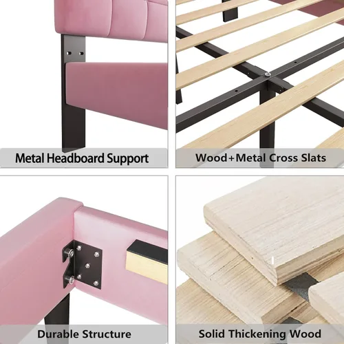 Miniatura 5 de Lijimei Base de cama de tamaño matrimonial con cabecero, base de cama tapizada con soporte de listones de madera y cabecera de plataforma, base