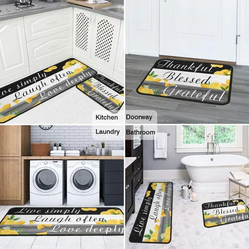 Miniatura 6 de Juego de 2 alfombras de cocina con decoración de limón, alfombrillas lavables y antideslizantes para el fregadero de la cocina, alfombra de área