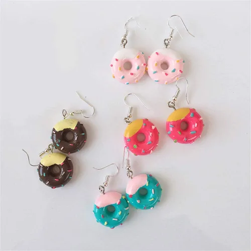 Miniatura 9 de Juego de 4 pares de pendientes de resina para mujer y niña, diseño de donut