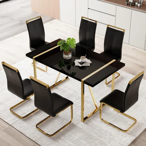 Miniatura 22 de Moderno juego de mesa de comedor para 4, juego de mesa de comedor dorado de 55 pulgadas con 4 sillas de piel sintética negra, mesa de madera negra