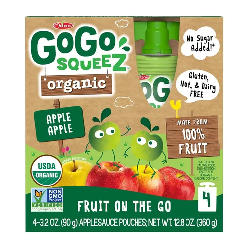 Miniatura 4 de GoGo squeeZ Puré de manzana orgánico y puré de fruta sin azúcar añadido, manzana manzana, bolsas de 3.2 onzas (paquete de 48), aperitivos de frutas