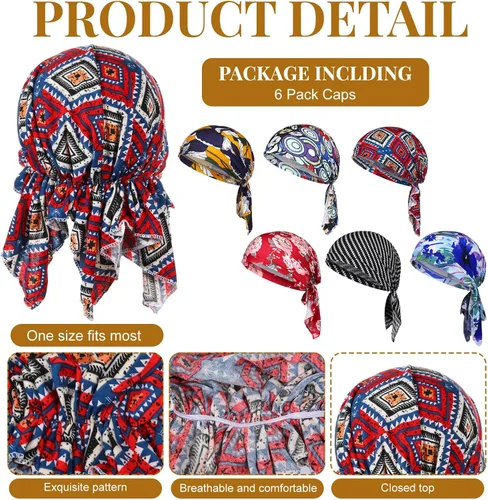 Miniatura 7 de Geyoga 6 unidades de bufanda para la cabeza para mujer, bufandas preatadas, gorros, gorros, con estampado elástico, para dormir, turbante, bufanda