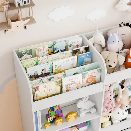 Miniatura 7 de Organizador de almacenamiento de juguetes para niños de 61 pulgadas de ancho con estantería, organizadores de juguetes extra grandes con Blanco