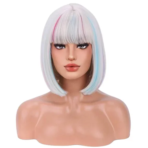 Miniatura 8 de Pelucas negras para mujeres y niñas, peluca corta y recta negra con flequillo, pelucas sintéticas resistentes al calor, para fiestas de disfraces