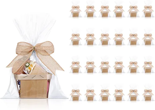 Miniatura 3 de Kigley Juego de 24 cestas de regalo de Navidad de madera, cesta de regalo pequeña vacía con bolsas de celofán, lazos, cesta para Acción de Gracias