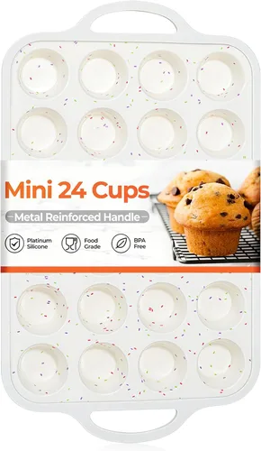 Miniatura 18 de CAKETIME Molde para mini muffins, molde para mini cupcakes con marco reforzado de metal, moldes para muffins de silicona antiadherentes con asa