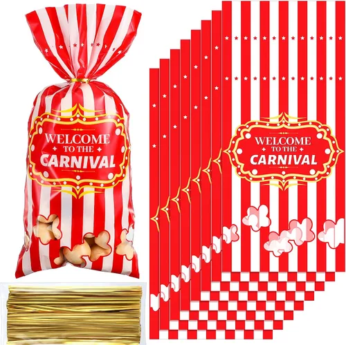 Epakh Paquete de 200 bolsas de dulces de carnaval, con temática de circo, bolsas de plástico para fiestas con patrón de palomitas de maíz y lazos